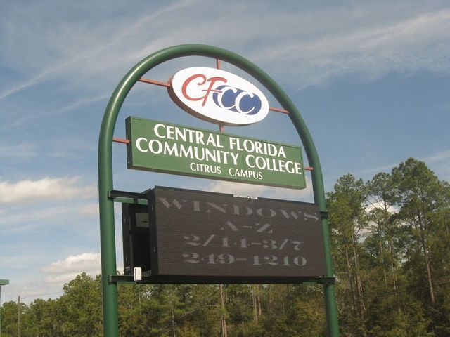 Sign for Central Florida Community College, Ocala campus, with an LED message board.