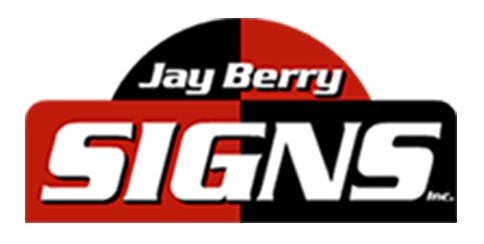 Jay Berry Signs logo. Red and black split rectangle with white "SIGNS" text, "Jay Berry" text above, and a red and black split semi-circle at the top.