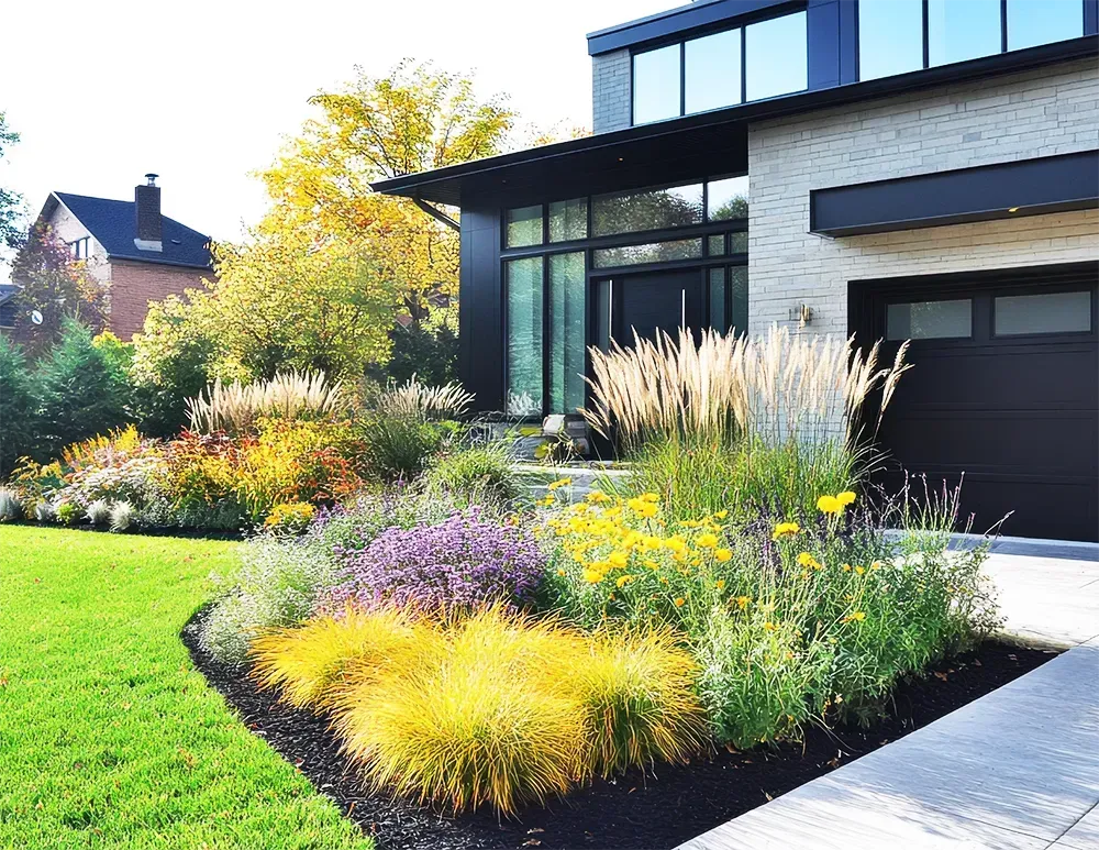 A modern home exterior with a vibrant garden bed featuring yellow ornamental grasses and various autumn perennials.