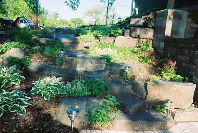 A stone tiered garden staircase leads up a hill, accented by small silver path lights and lush green plants.