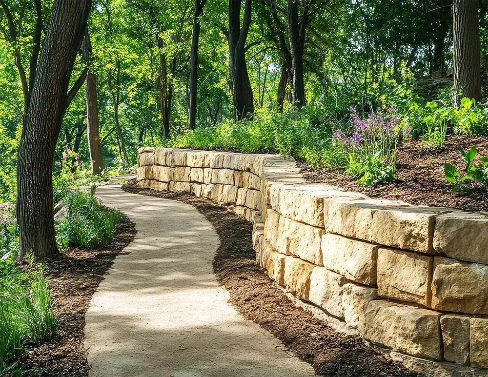 A winding, light-colored stone path curves along a tan, tiered stone retaining wall in a lush, green wooded park.