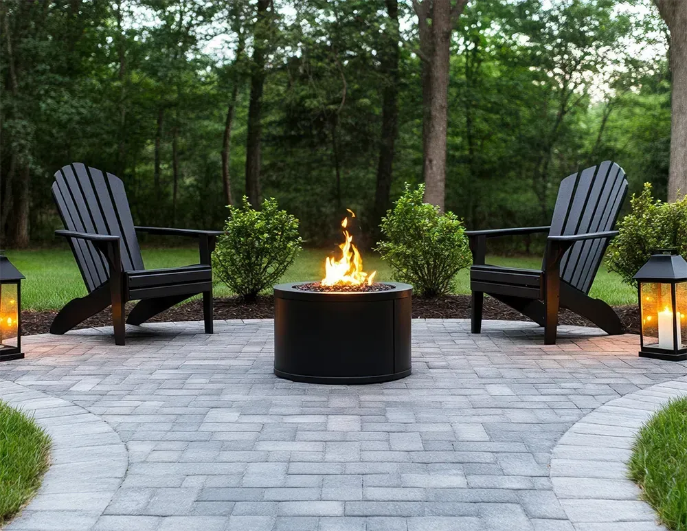 Two dark Adirondack chairs face a small cylindrical fire pit on a stone patio in a backyard setting.