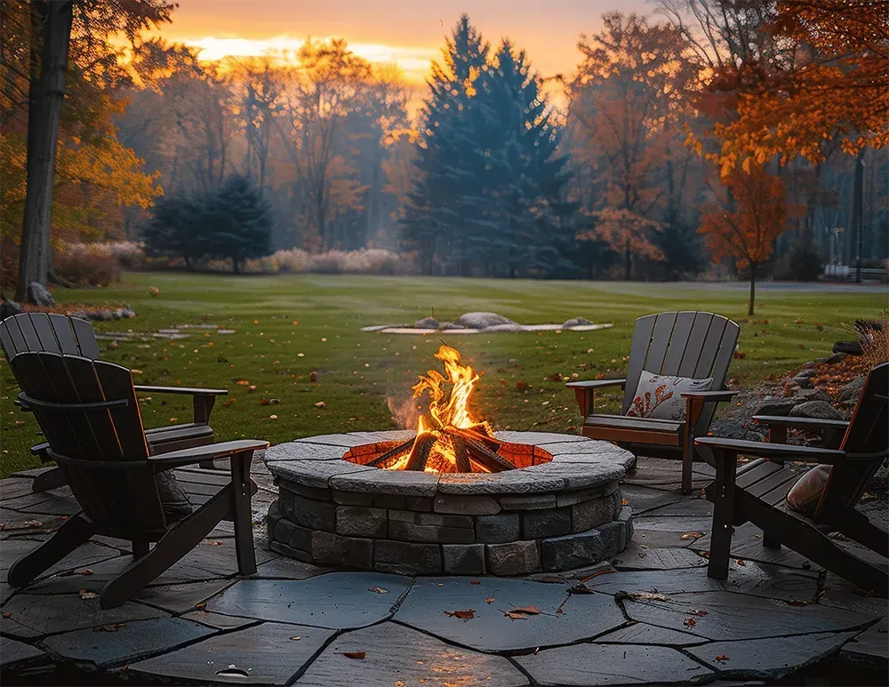 A stone fire pit with a crackling fire sits on a patio with chairs at dusk, overlooking a lush green yard and autumn trees.