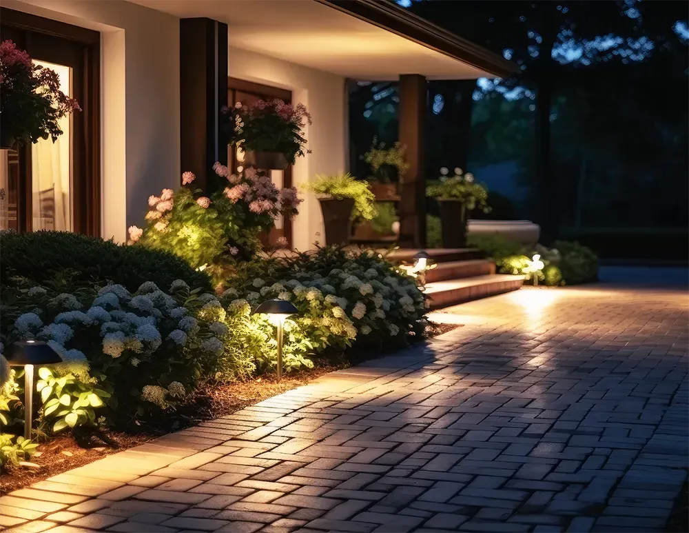 A paved walkway leading to a house entrance, illuminated by warm garden lights nestled among lush bushes at dusk.