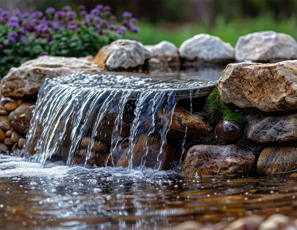 A small, tiered stone water feature with water cascading into a pool, set beside a bed of purple flowers.