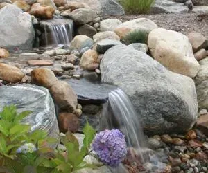 A small stone waterfall flowing into a landscaped garden with a purple hydrangea flower in the foreground.