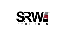 SRW Products logo featuring black letters, with a stacked grey, red, and black trapezoid shape to the right.