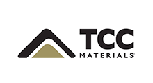 The TCC Materials logo features a stylized black triangular roof outline over a tan triangle with the company name.