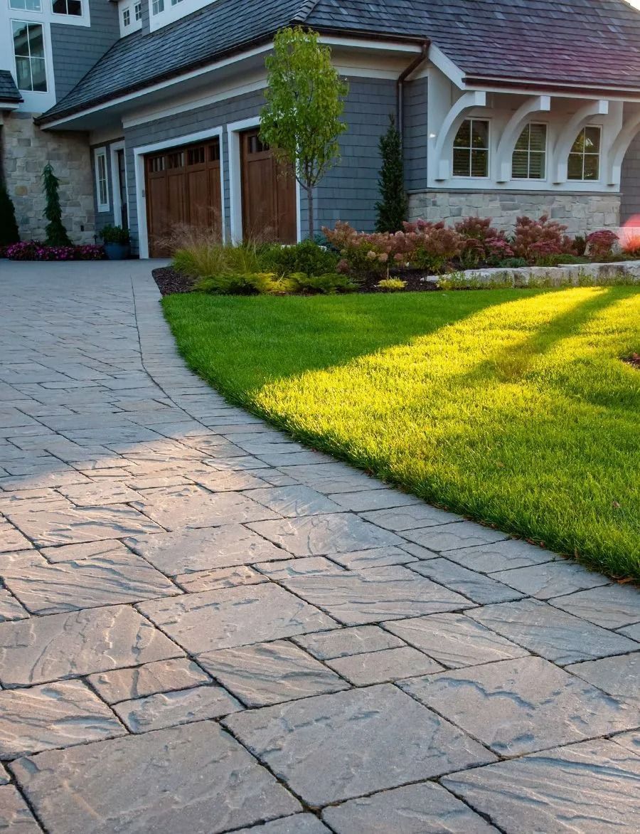 Stone paver driveway leading to a house with a two-car garage, manicured lawn, and landscaping in warm sunset light.