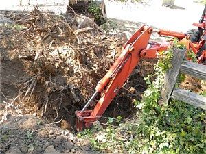 Orange excavator arm digging soil beside a road, removing debris near a wooden fence and tree roots