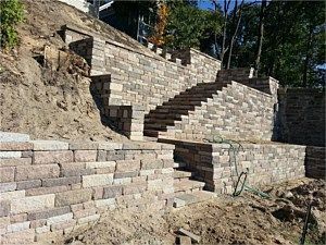 Stone retaining walls and terraced steps on a sloped hillside under trees