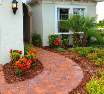 Brick walkway curving to a front entrance, bordered by red flowers, palm plants, and mulch.