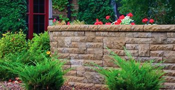 Stone garden wall with red flowers and green shrubs in front of a house