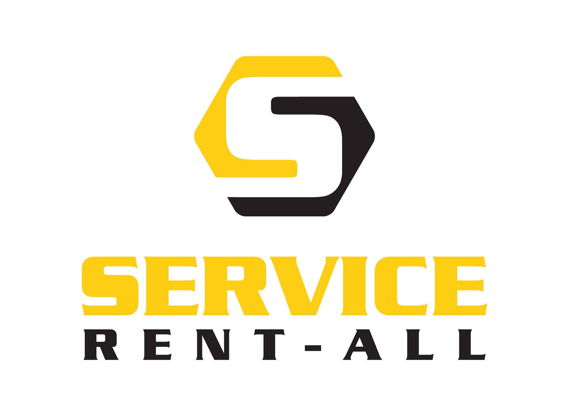 Logo for Service Rent-All, a rental service, featuring a yellow and black hexagon design above the text.