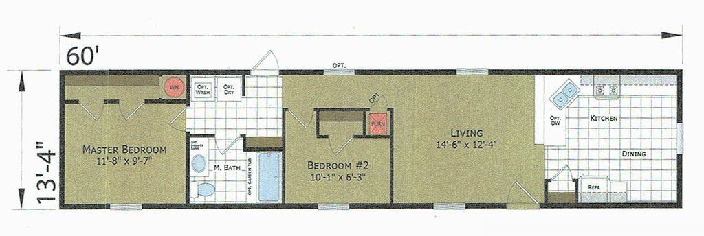 A floor plan of a mobile home with measurements
