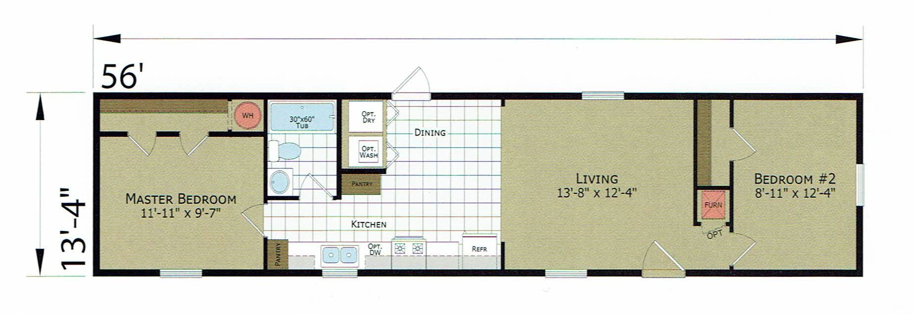 A floor plan of a mobile home with measurements on a white background.