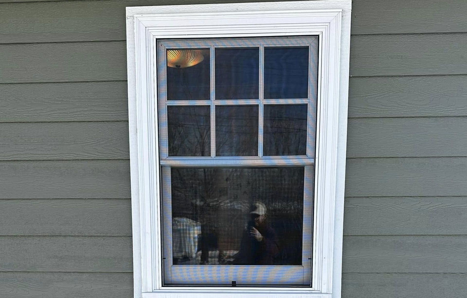 Window with white trim and screen on gray siding.