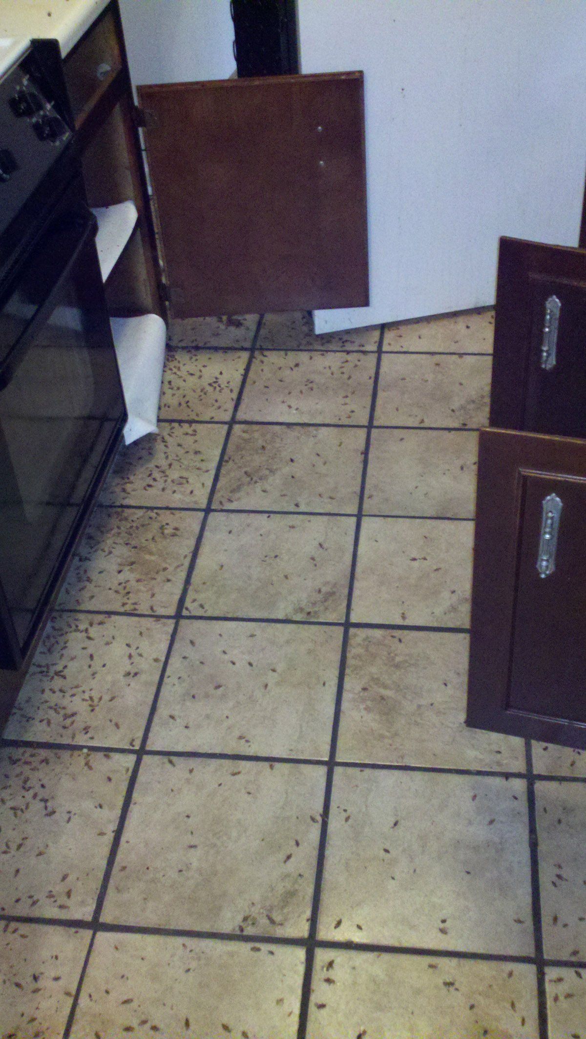 A kitchen with a tiled floor and a stove