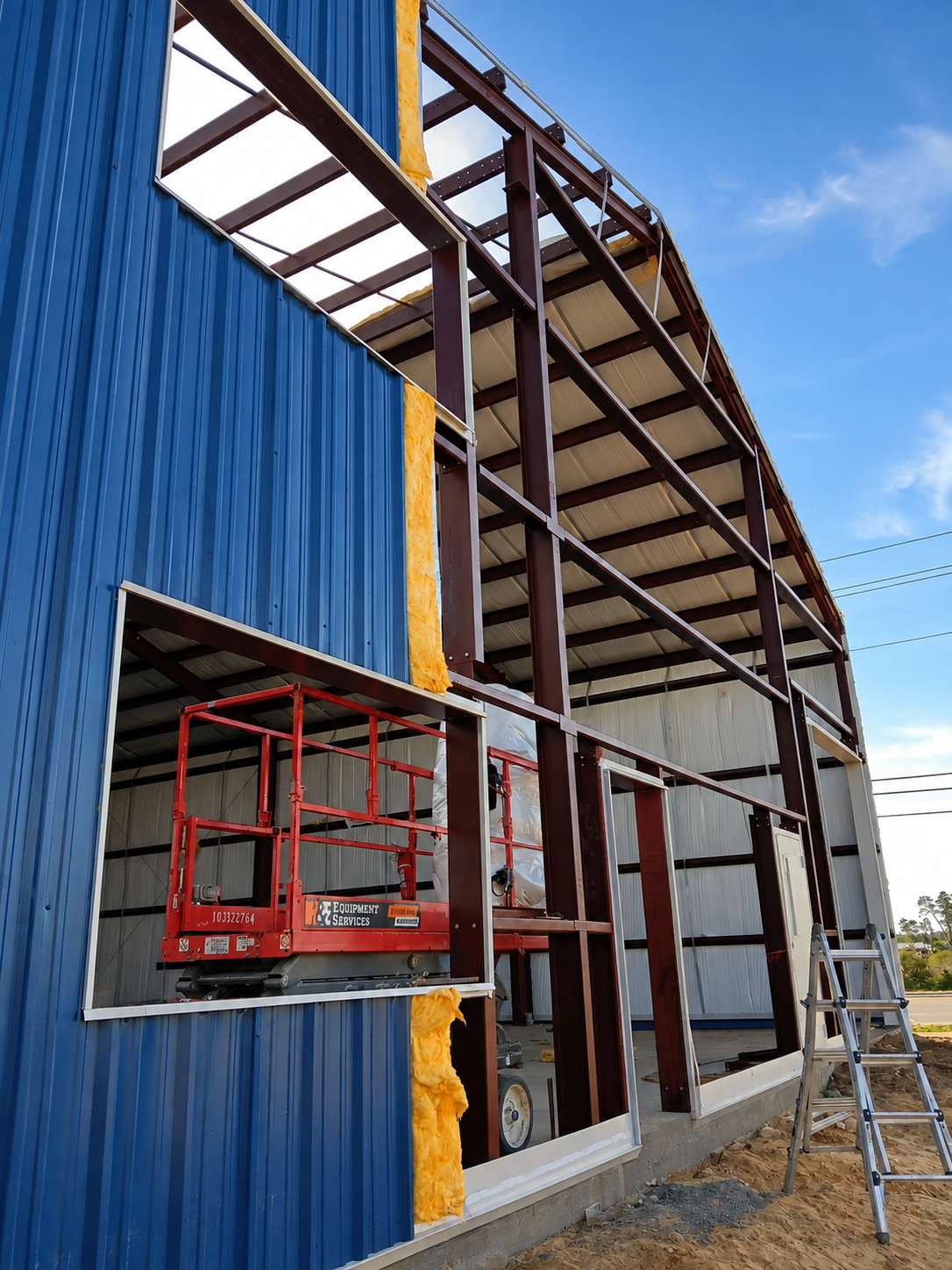 Scaffold beside a blue building under construction, with exposed framing and a red lift platform.