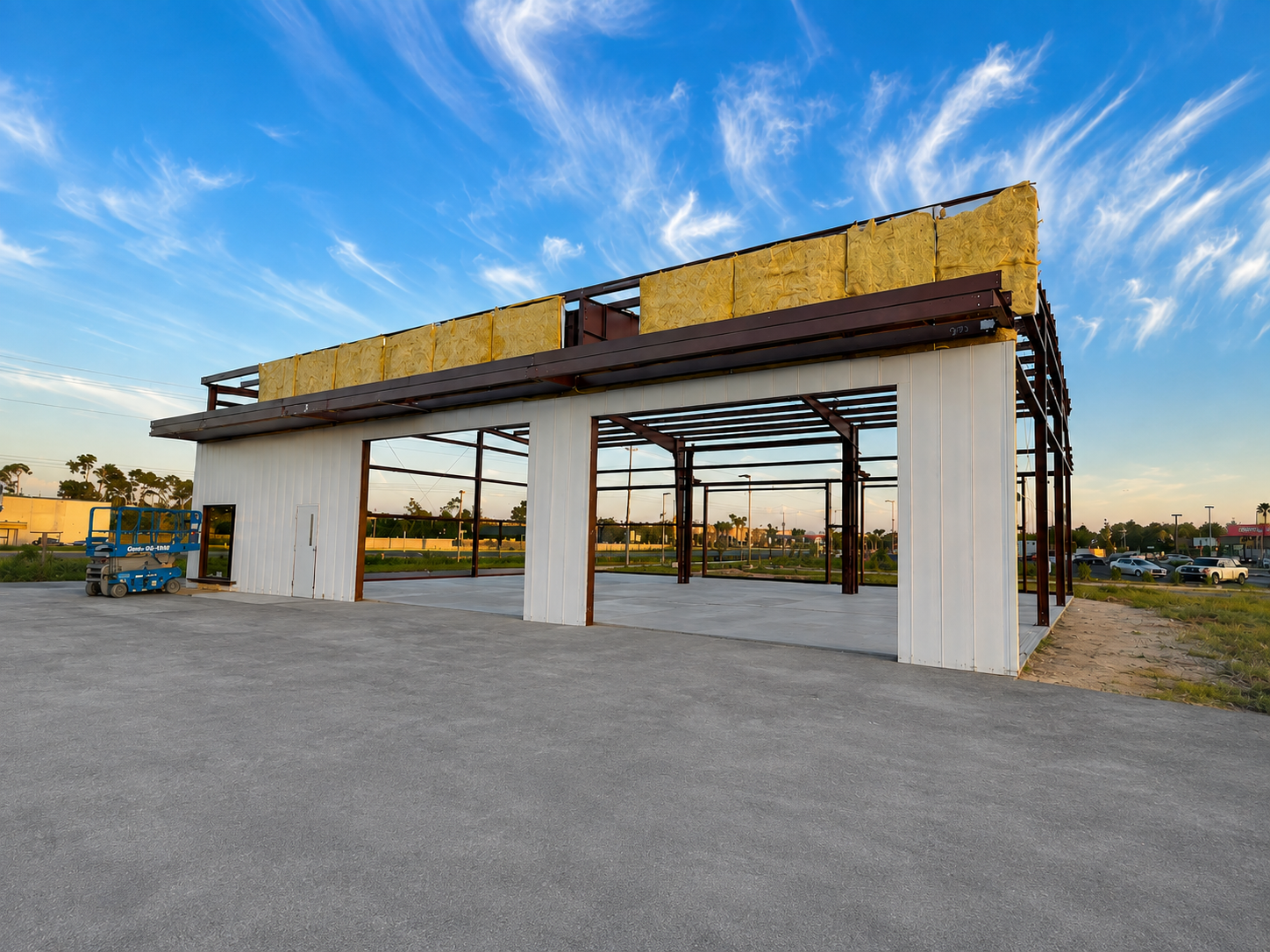 Partially built steel-framed structure on a paved lot under a blue sky