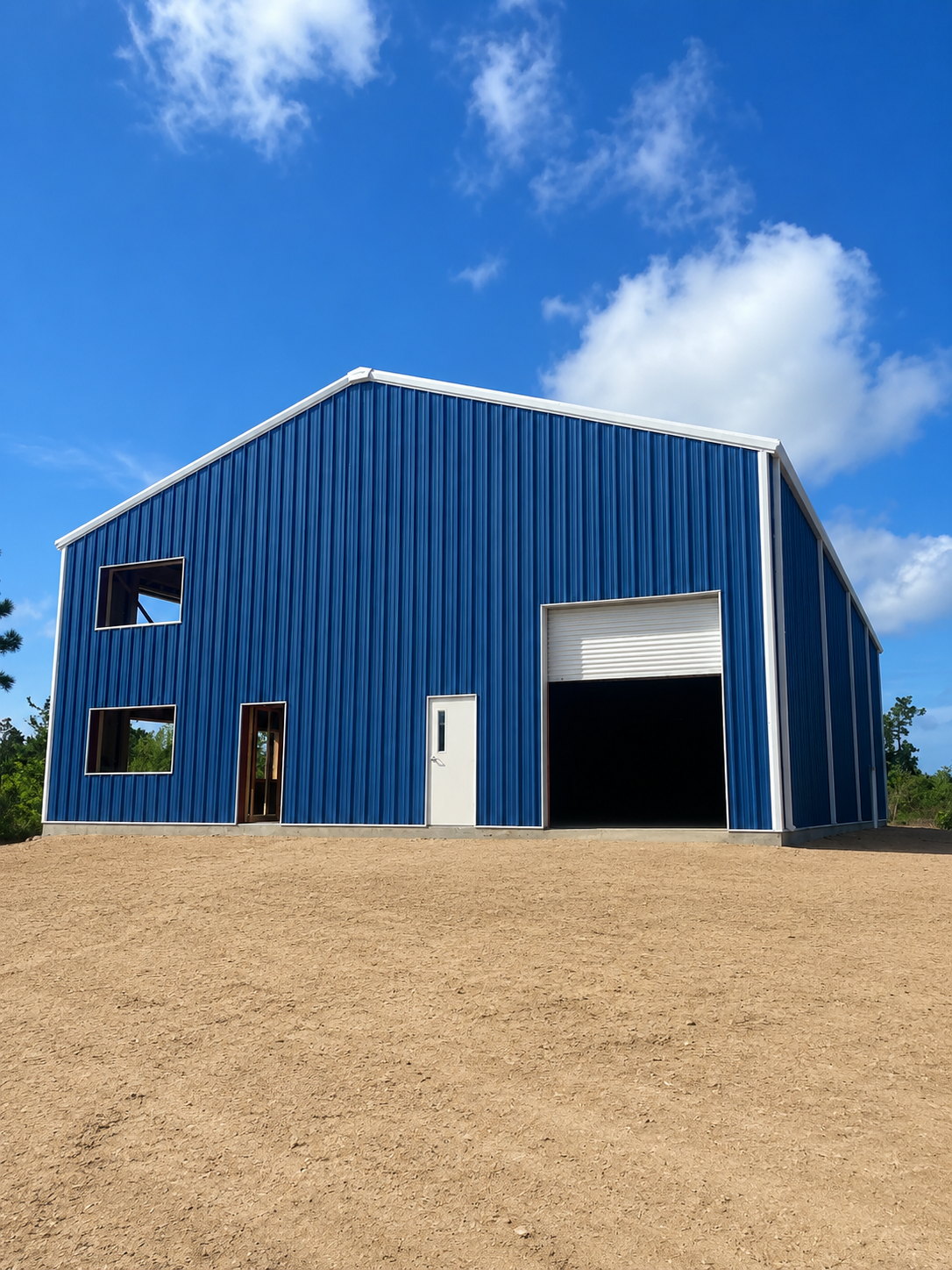 Blue metal barn with open garage door on a gravel lot under a sunny blue sky