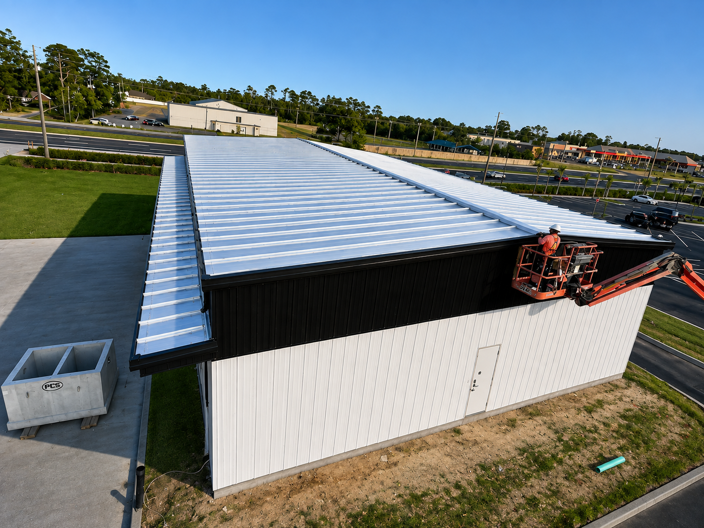 White metal building with a striped roof, viewed from above, with workers on a cherry picker at the right side