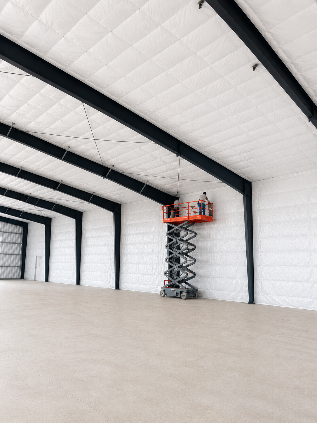 Empty industrial warehouse interior with white walls, black beams, and a scissor lift near the far wall