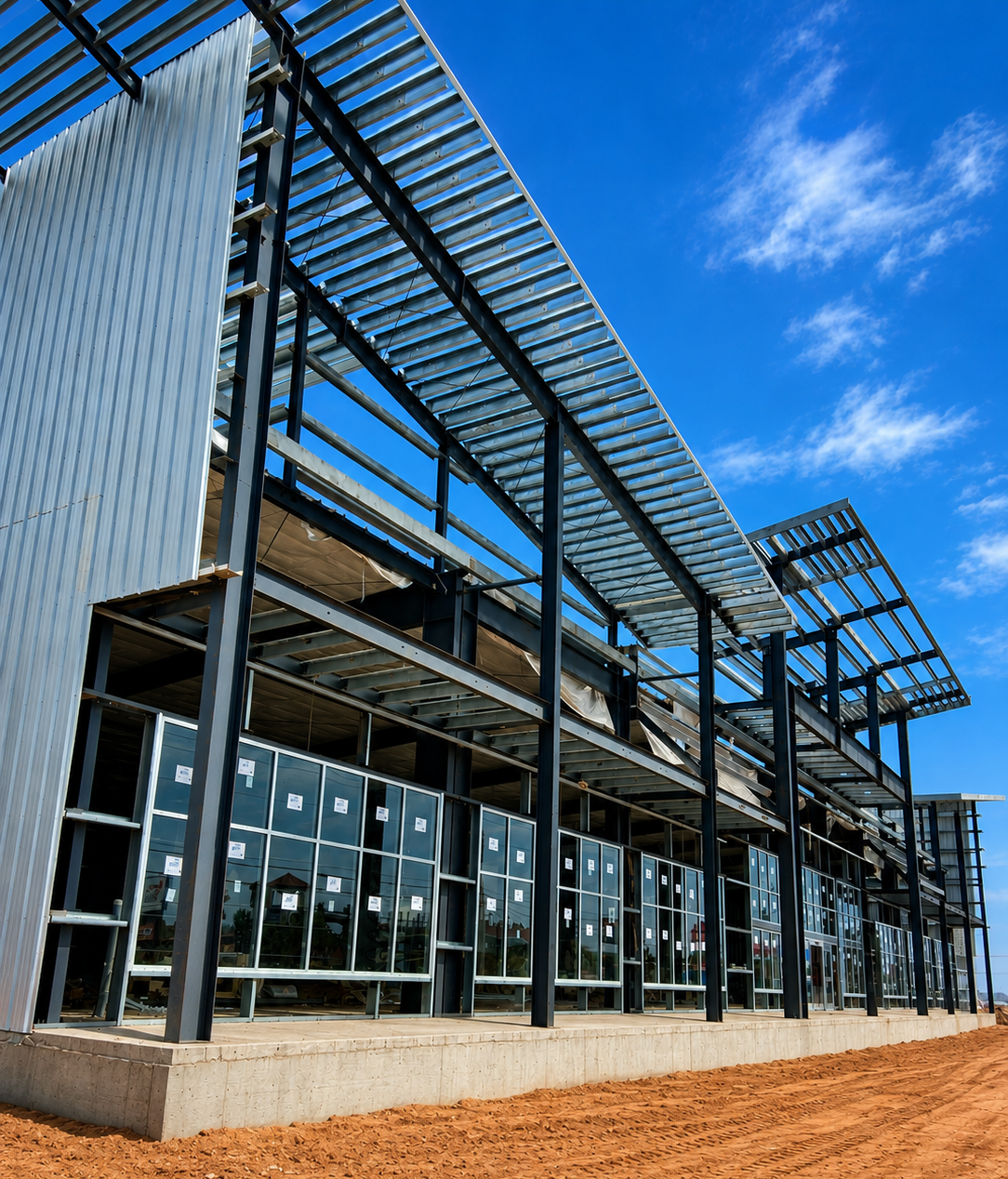 Steel-framed building under construction on a dirt lot beneath a blue sky with clouds
