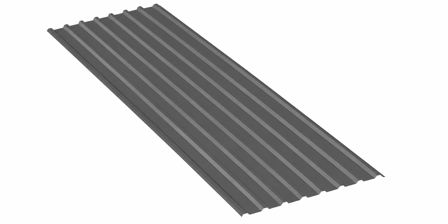 Corrugated gray metal roofing panel on a white background