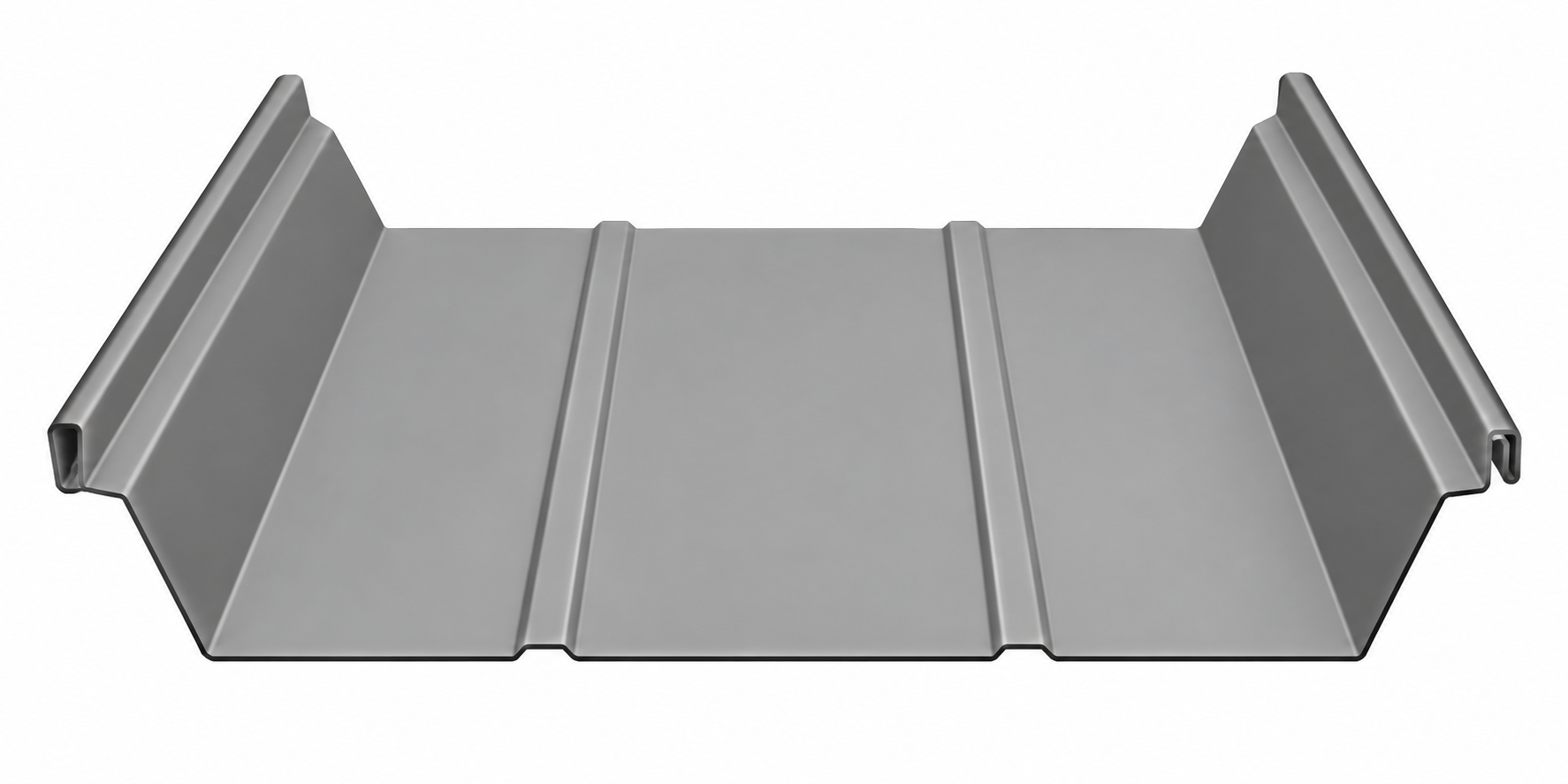 Gray corrugated metal roof panel with raised side edges and central ribs