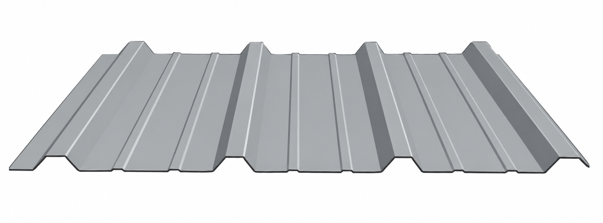 Gray corrugated metal roofing panel with raised ridges, shown on white background