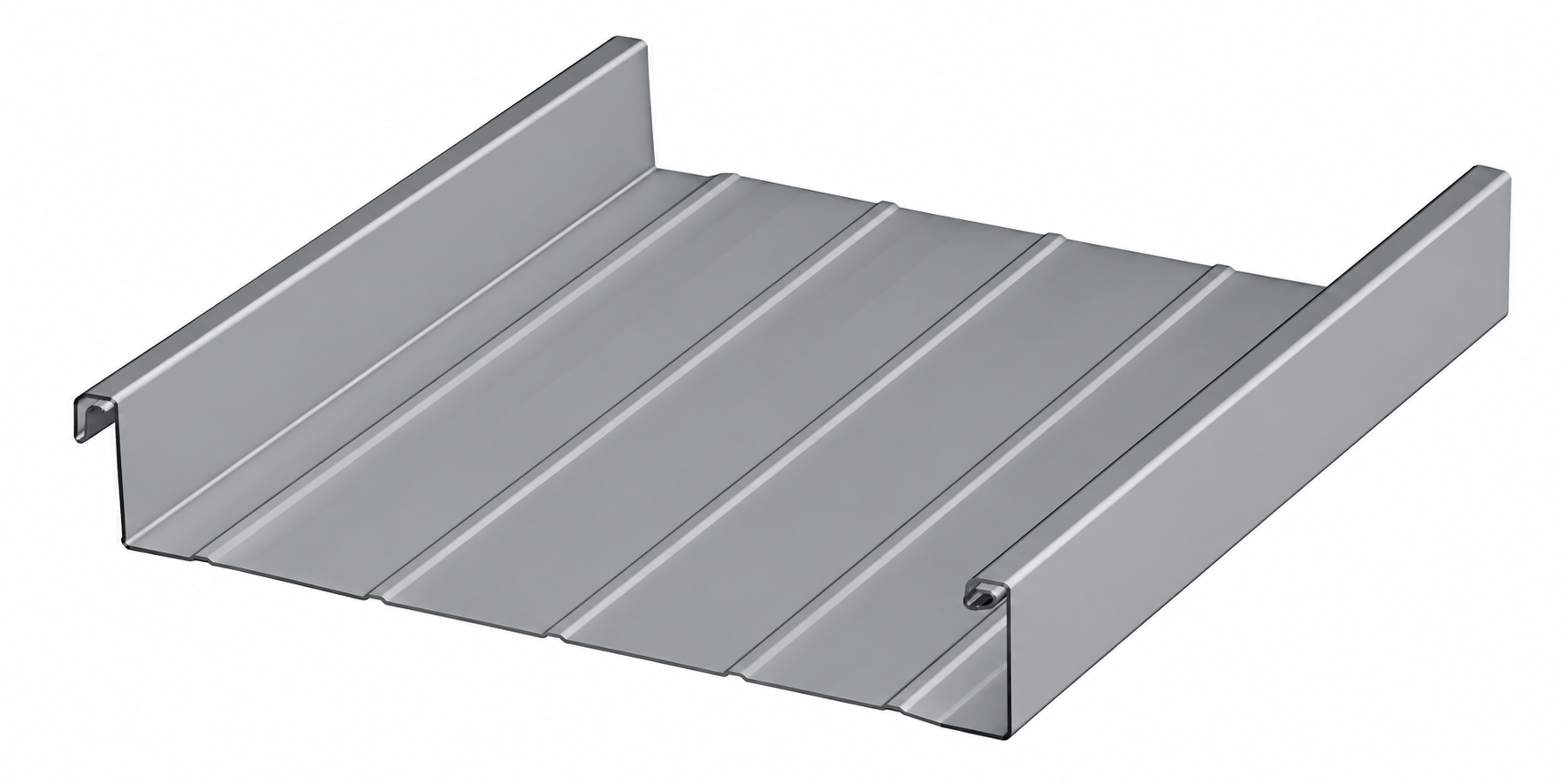 Gray corrugated metal roofing panel with raised side edges, shown on a white background