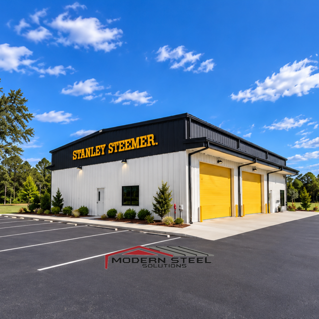 Exterior of Stanley Steemer building with white walls, black trim, and yellow garage doors