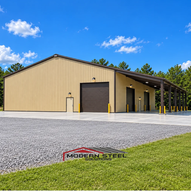 Tan metal warehouse with gravel lot and blue sky, viewed from the front corner.