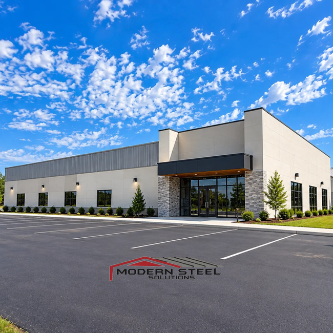 Modern single-story commercial building with gray facade, glass entrance, and empty parking lot under blue sky