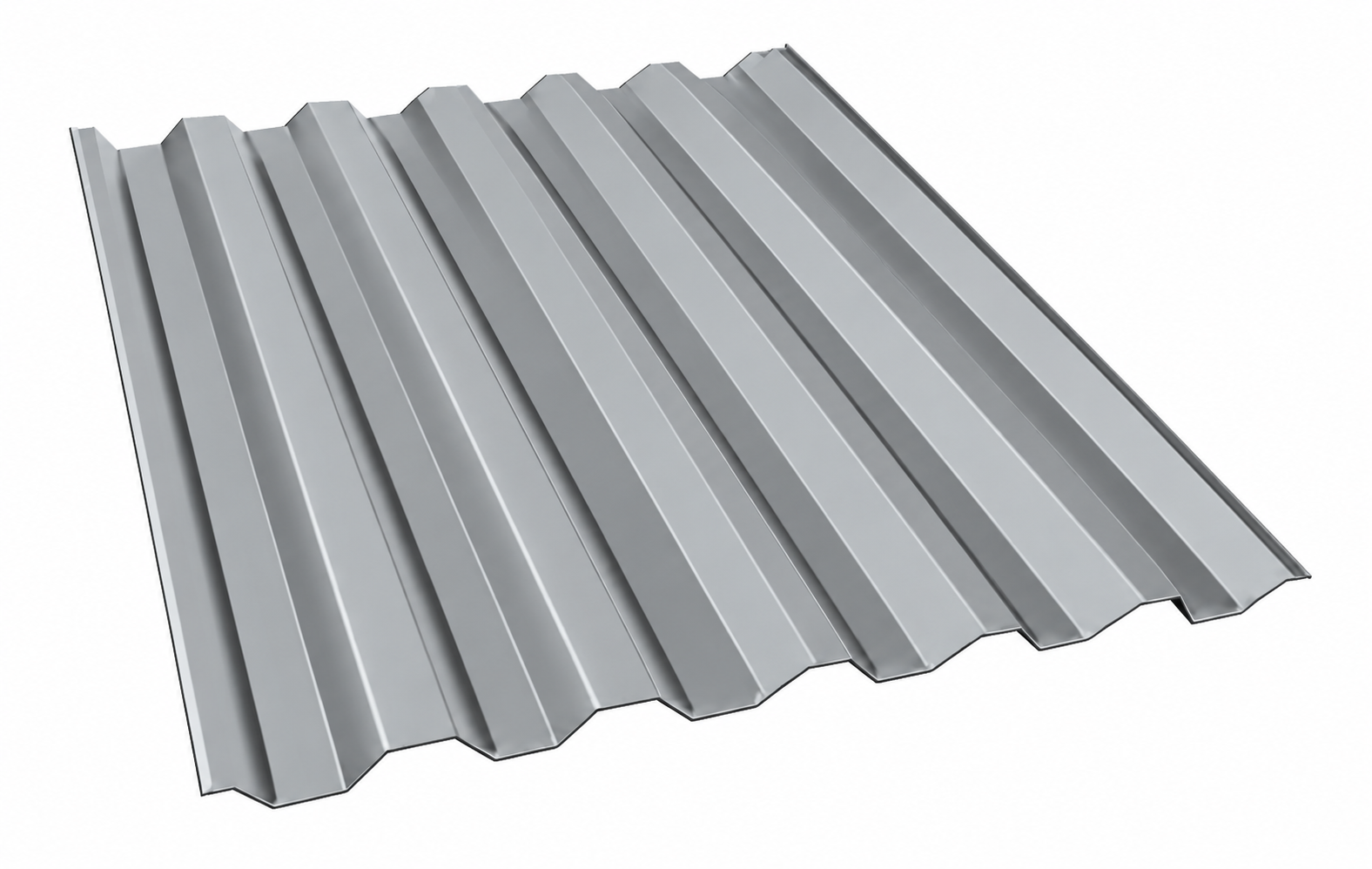 Gray corrugated metal roofing sheet with ridged profile on a white background