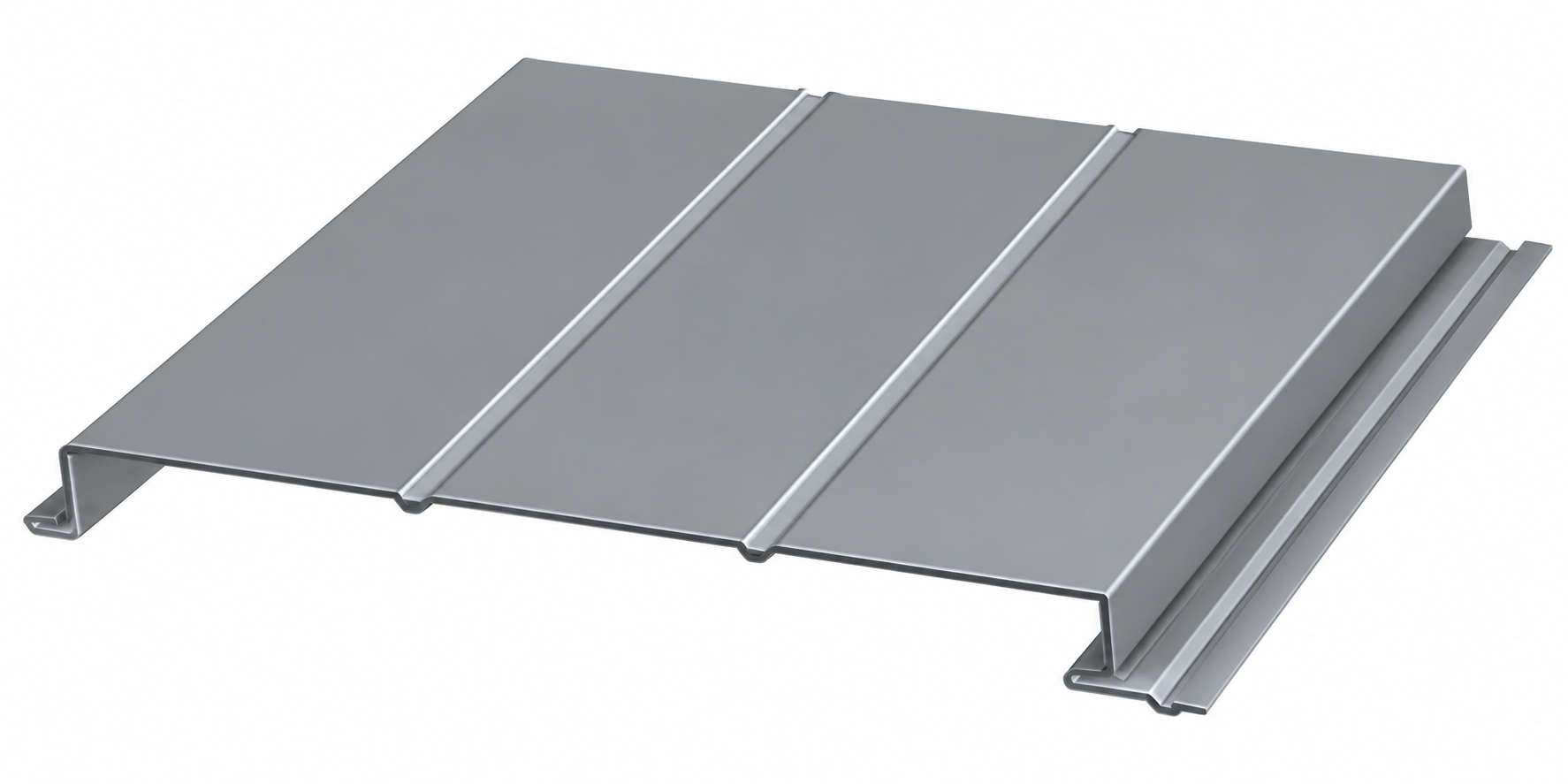 Gray metal roofing panel with raised seams and side flanges