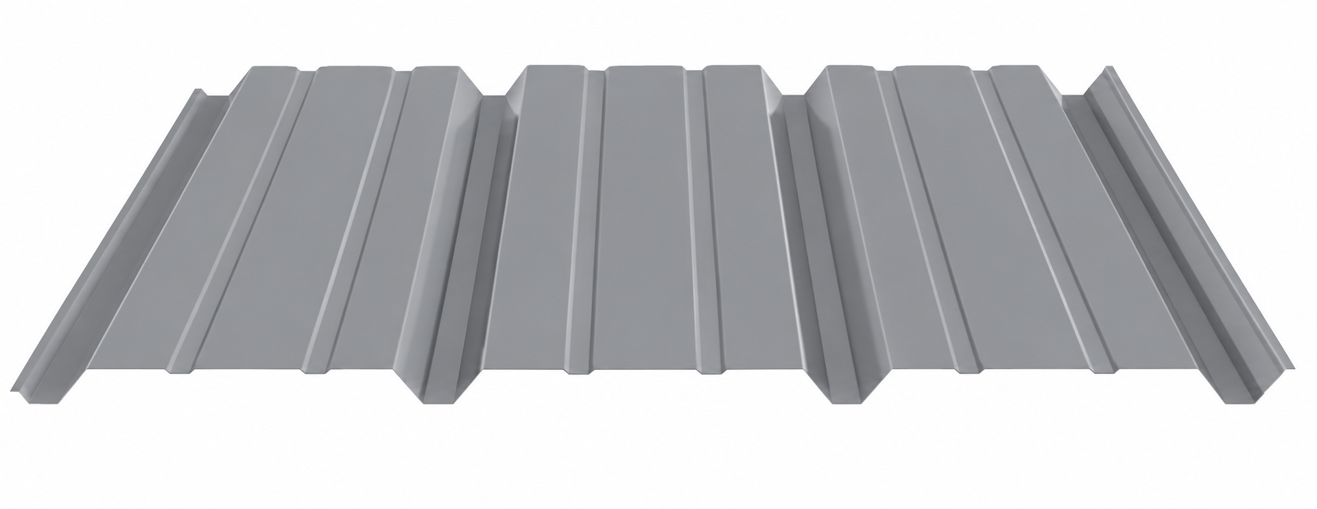 Gray corrugated metal roofing panel with ribbed profile on a white background