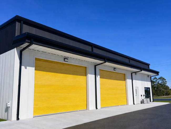 Modern white warehouse with two bright yellow roll-up garage doors under a blue sky