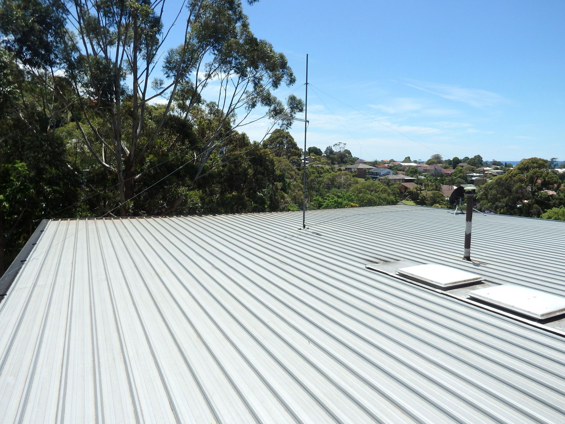 Corrugated white metal roof with skylights beside trees and a distant neighborhood under a blue sky.