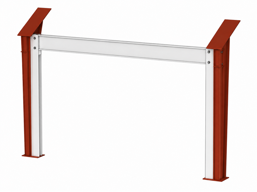 White and brown metal frame resembling a table or bar structure on a plain background