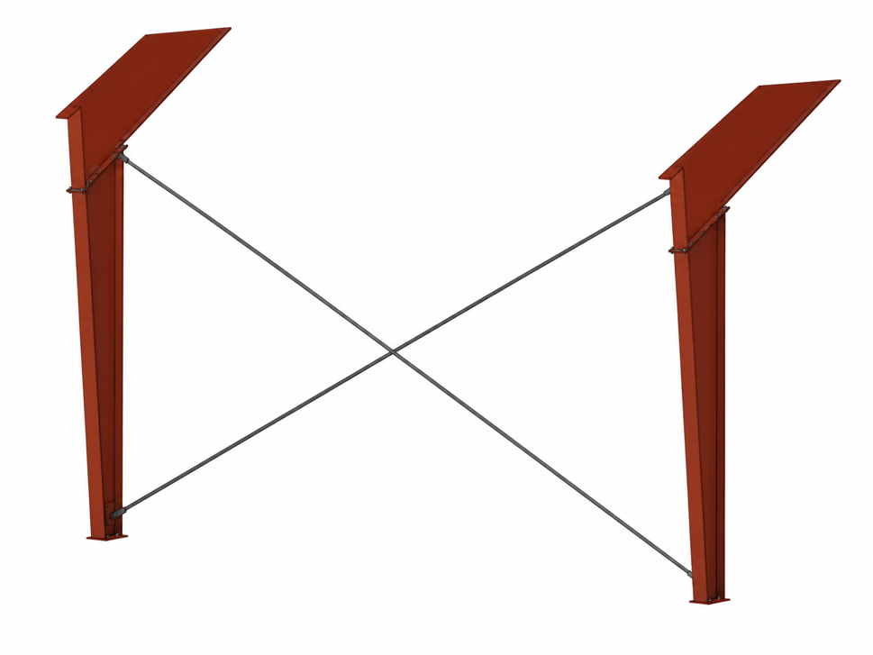 Two brown wooden posts with angled tops connected by crossed ropes on a white background