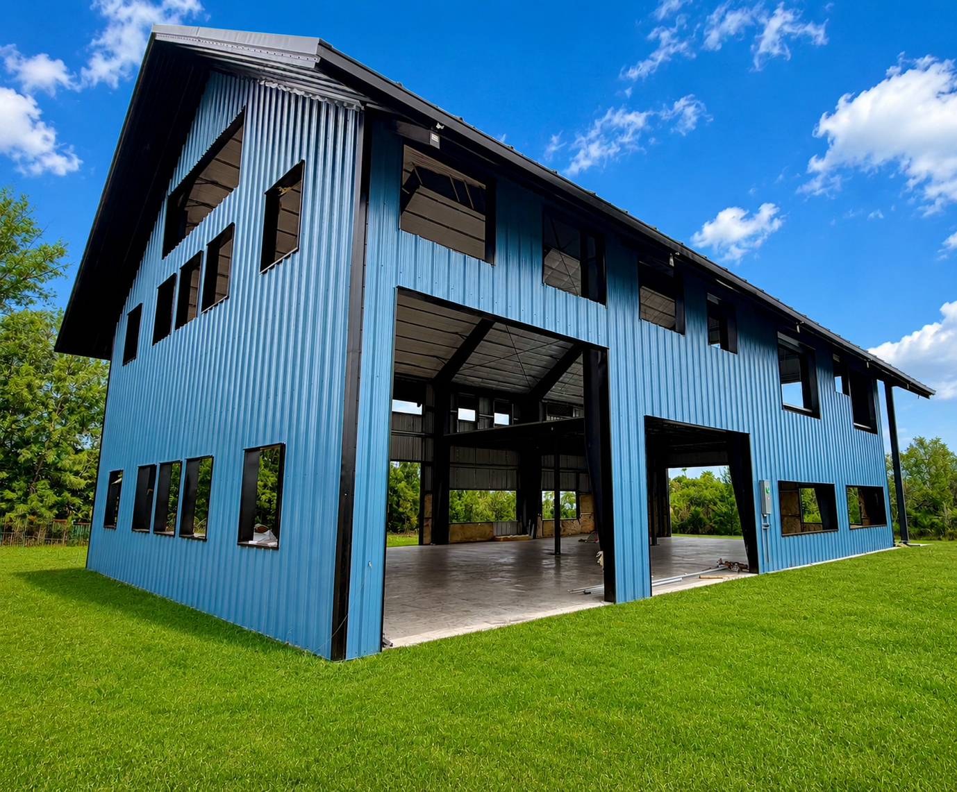 Blue metal barn-style building on a green lawn under a bright blue sky.