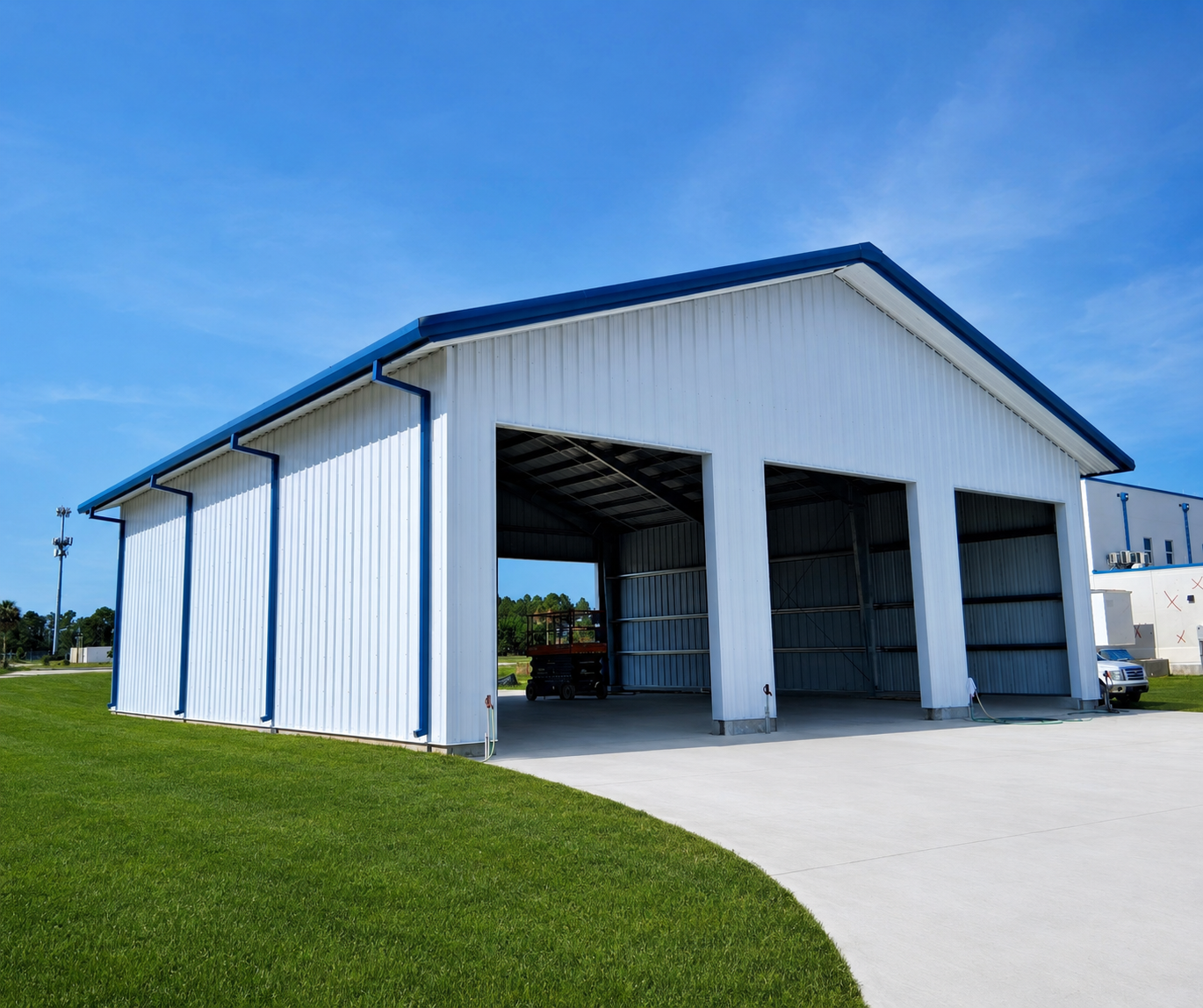 White metal warehouse building with large open bays beside a paved drive and green lawn under a blue sky.
