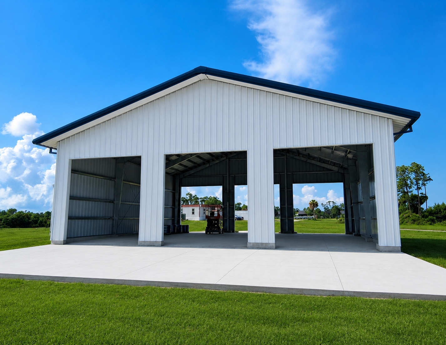 White metal barn with three open bays on a concrete slab under a blue sky.