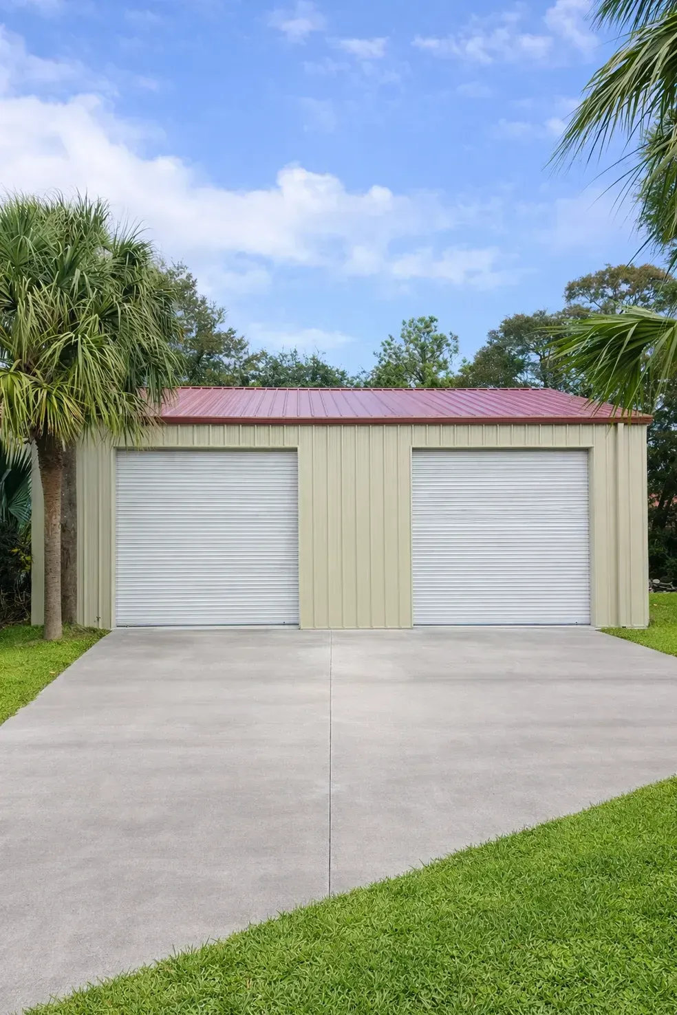 Two-car garage with beige doors, pink roof, and concrete driveway surrounded by palm trees.