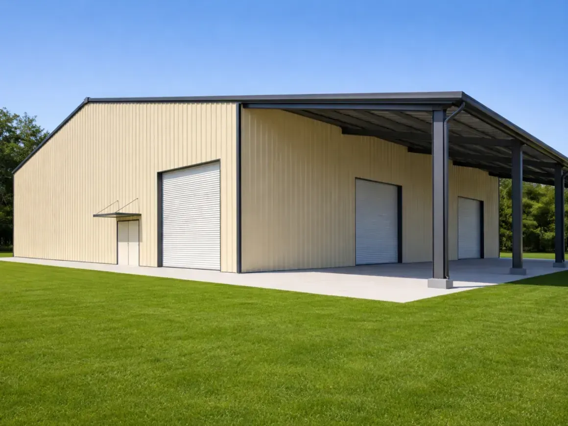 Beige metal warehouse with a white roll-up door beside a grassy lawn under a clear blue sky