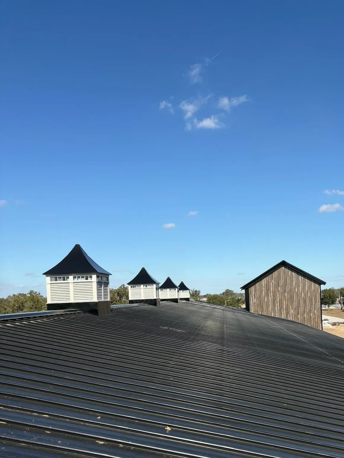Rooftops with black shingles and small dormers under a clear blue sky.