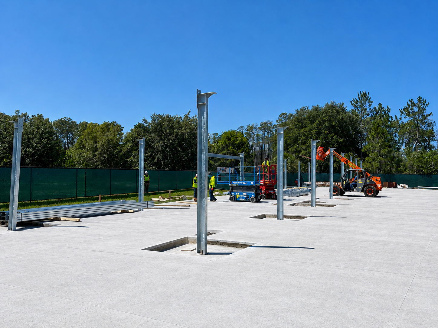 Empty construction site with steel posts, gravel ground, and a small excavator under a blue sky