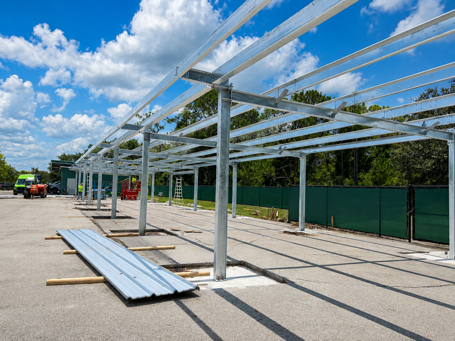 Steel building frame under construction on a sunny lot, with stacked metal panels and a green fence.